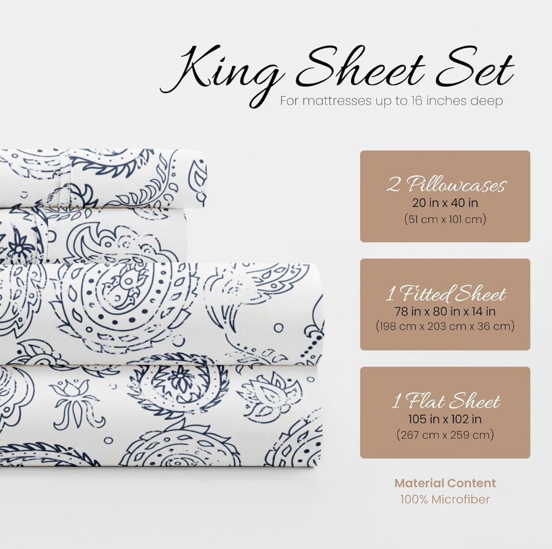Linen Market 4 Piece King Sheet Set - Breathable, Double-Brushed Patterned Cooling Sheets – Coarse Paisley Navy, Juego de 4 Piezas, Blanco con Diseño Azul, King