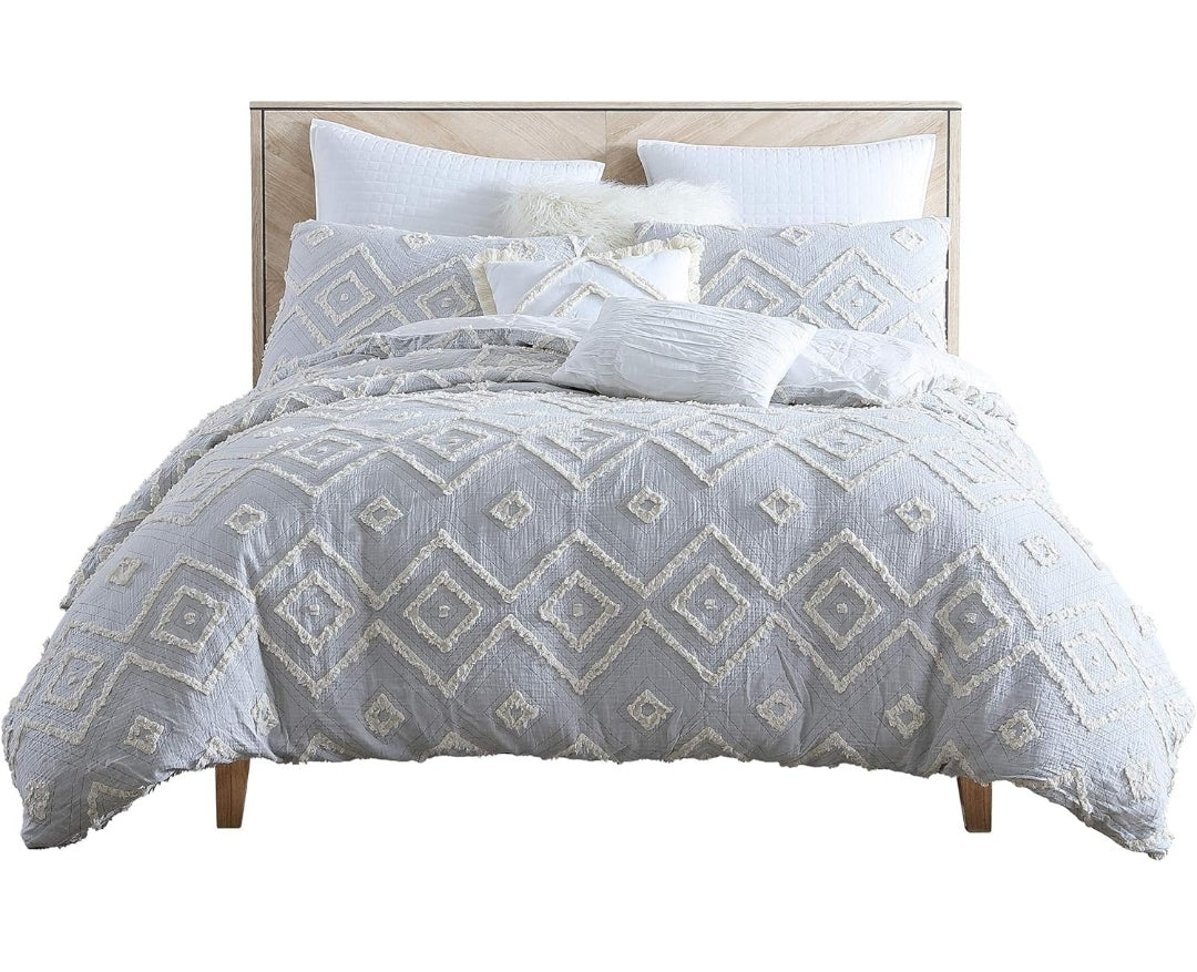 Swift Home Rukai 100% Cotton Washed Clip Jacquard Gauze 5-Piece Bedding Comforter Set, All Season & Breathable, Oeko-TEX Certified – Gris, 5 Piezas, Queen. Tono gris suave.