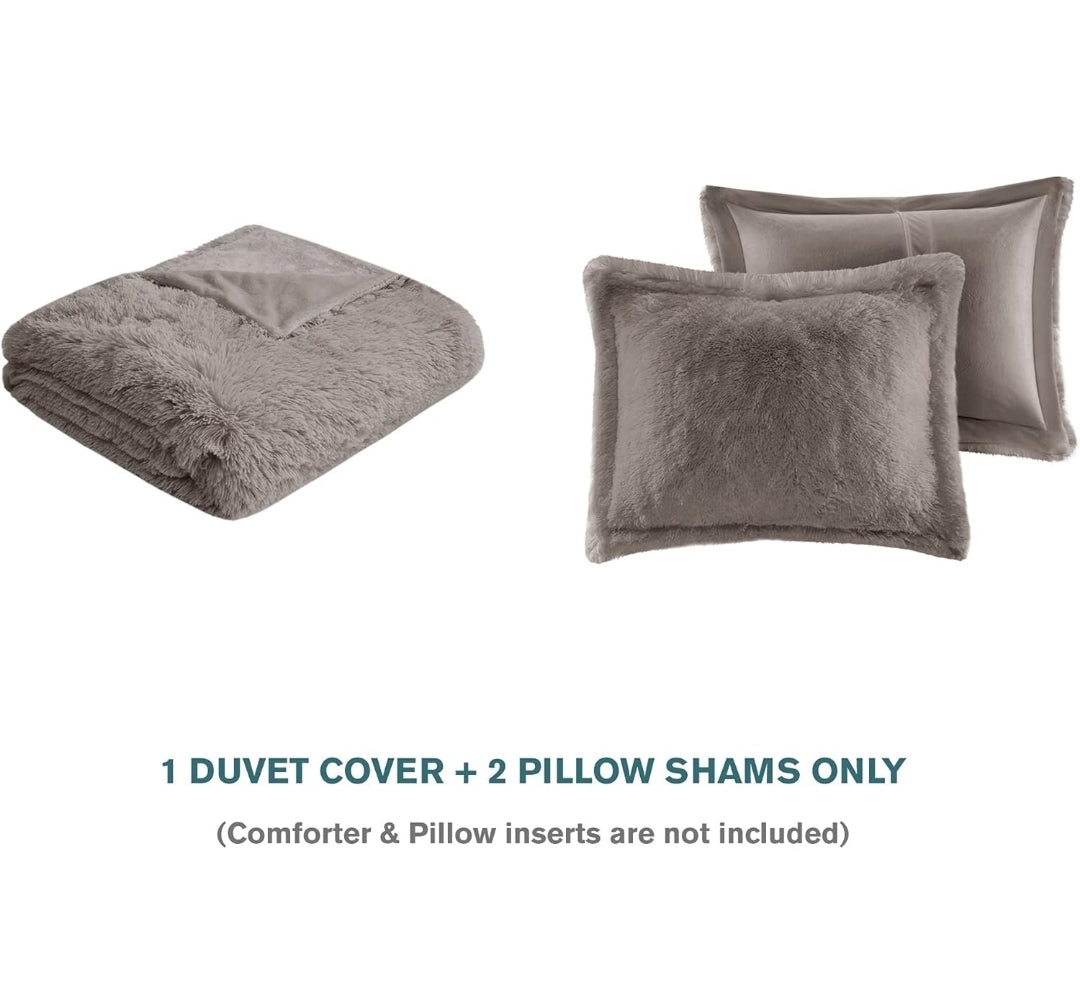 Intelligent Design Malea Shaggy Duvet with Quilted Box Design, Long Faux Fur Comforter Cover Cozy Bedding Set, 3 Piezas, Gris, King