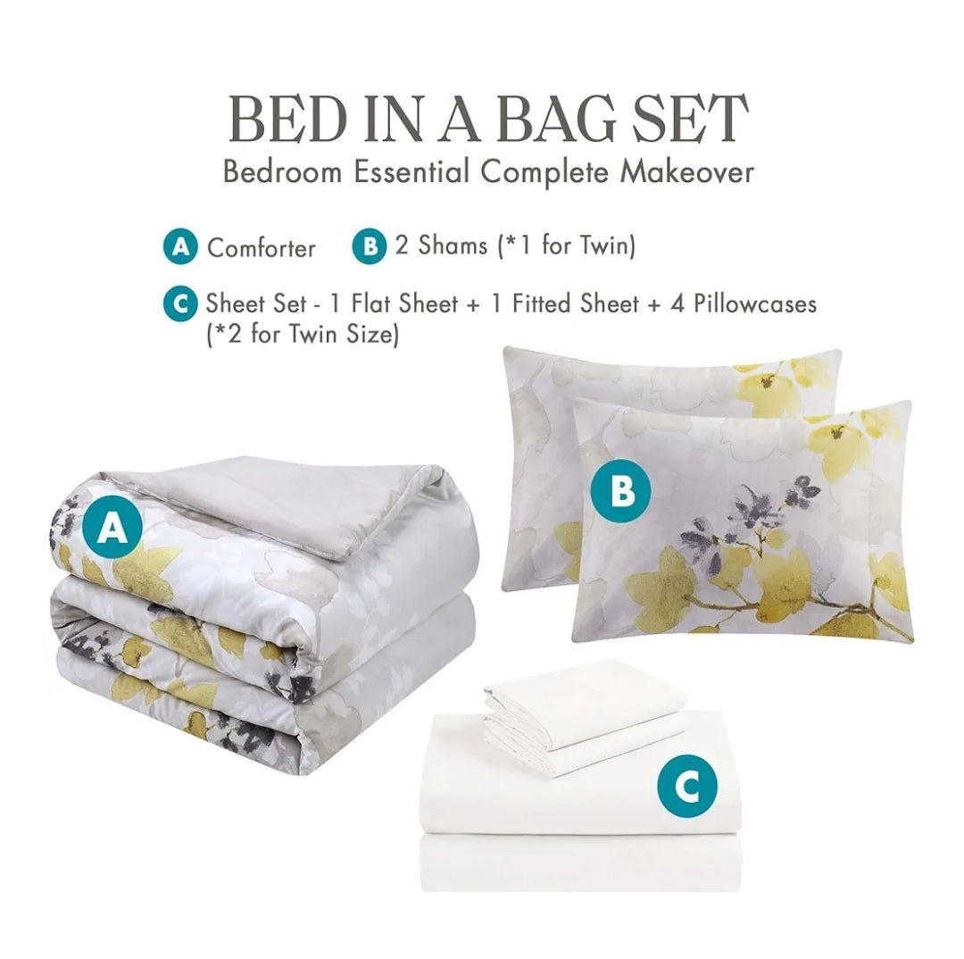 Madison Park Comfort Spaces Bed in A Bag-Trendy Casual Design Cozy Comforter with Complete Sheet Set with Side Pocket, All Season Cover, Matching Shams, Amarillo, 9 Piezas, King