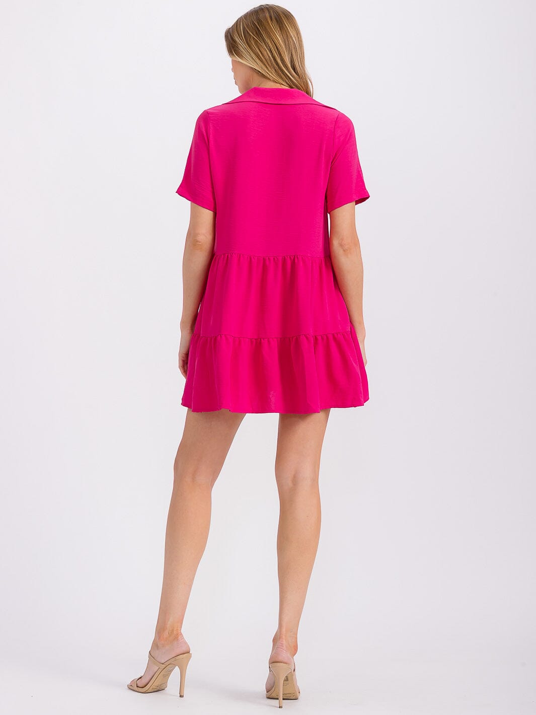 Vestido mini fucsia manga corta con cuello de botones