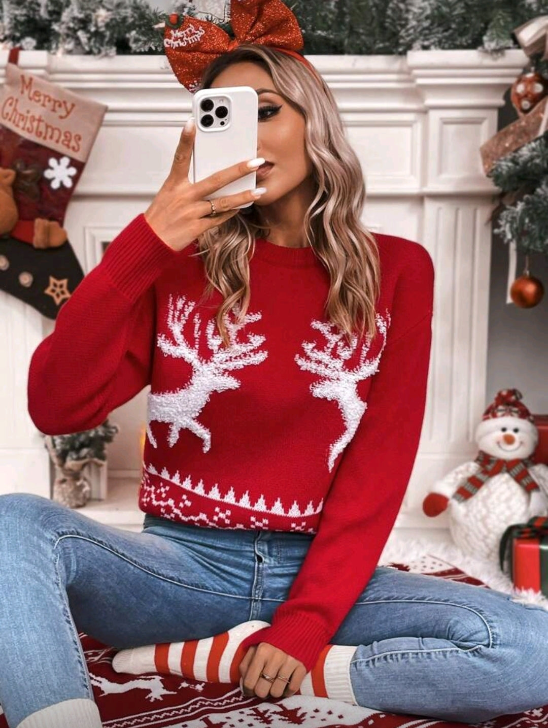 Suéter Navideño Rojo con Renos Blancos