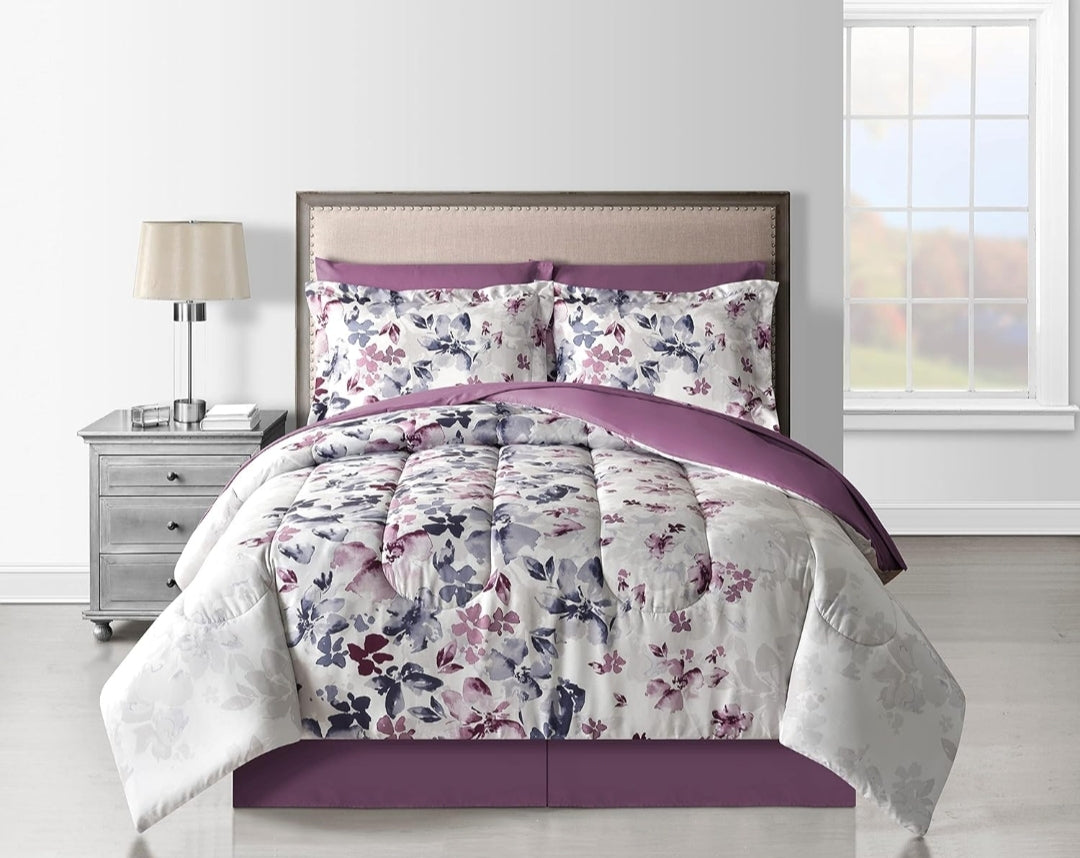Fairfield Square - Lanwood Monica, Bed-in-A-Bag Set, California King, Floral Reversible, Blanco/Lila, 8 Piezas, King
