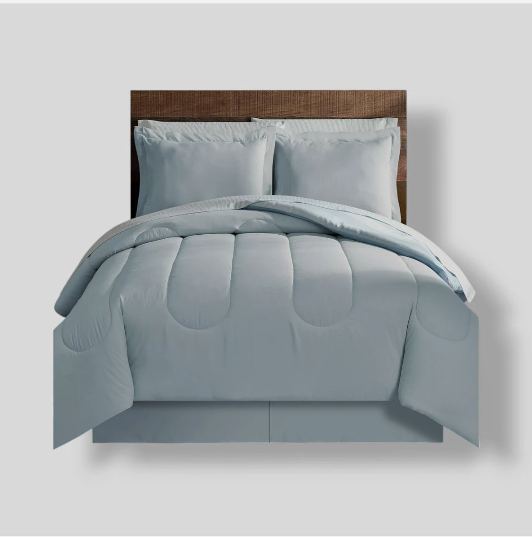 Lanwood Home Austin Stripe/Solid Reversible Comforter Set 9 Piezas, Azul, Queen
