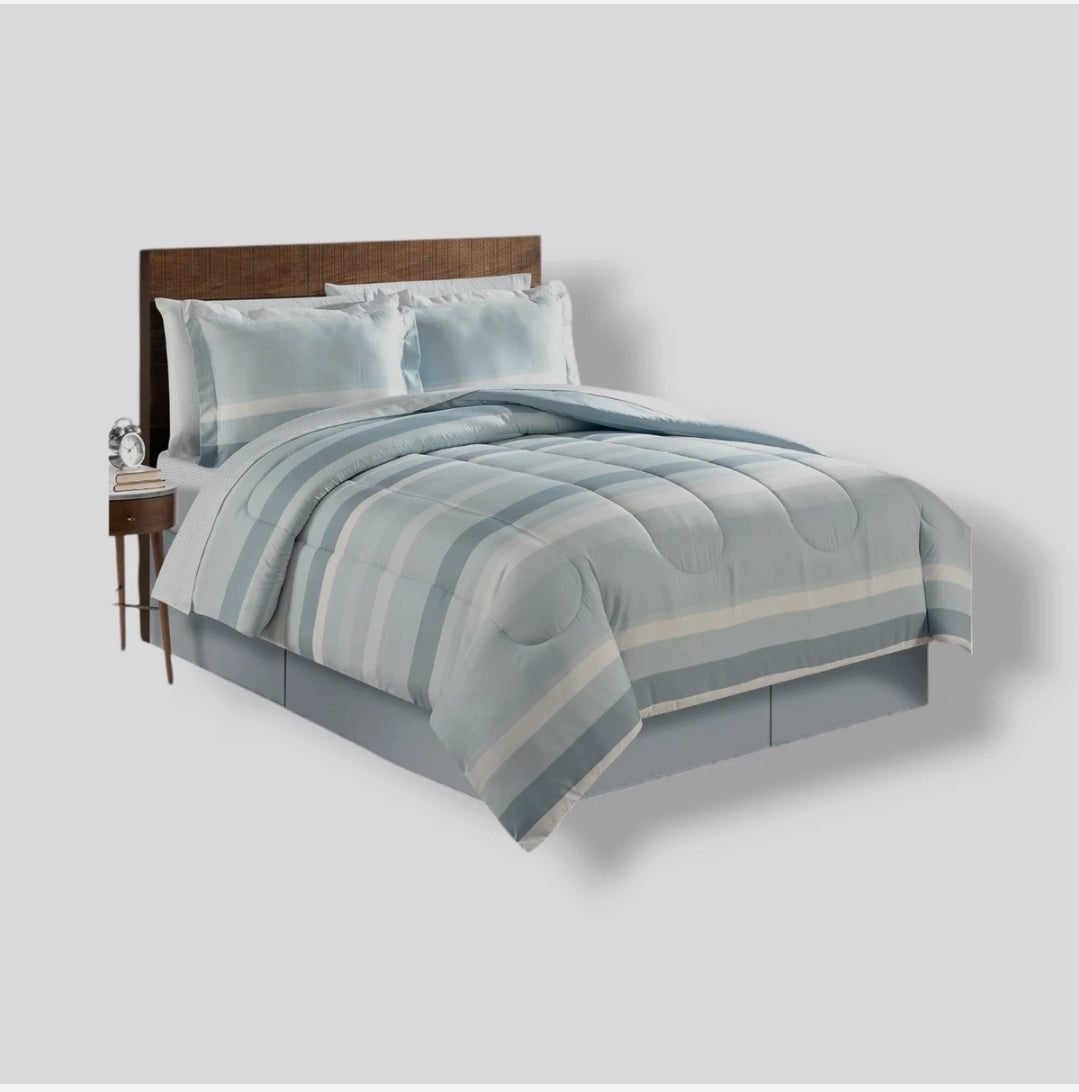 Lanwood Home Austin Stripe/Solid Reversible Comforter Set 9 Piezas, Azul, Queen