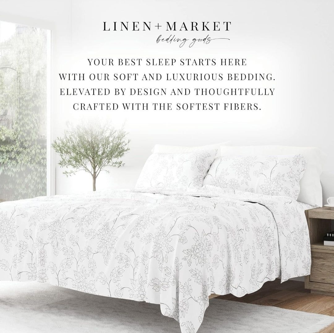 Ienjoy Linen Market Bedding Sheet Set, 4 Piezas, Blanco con Lineas Grises, Queen