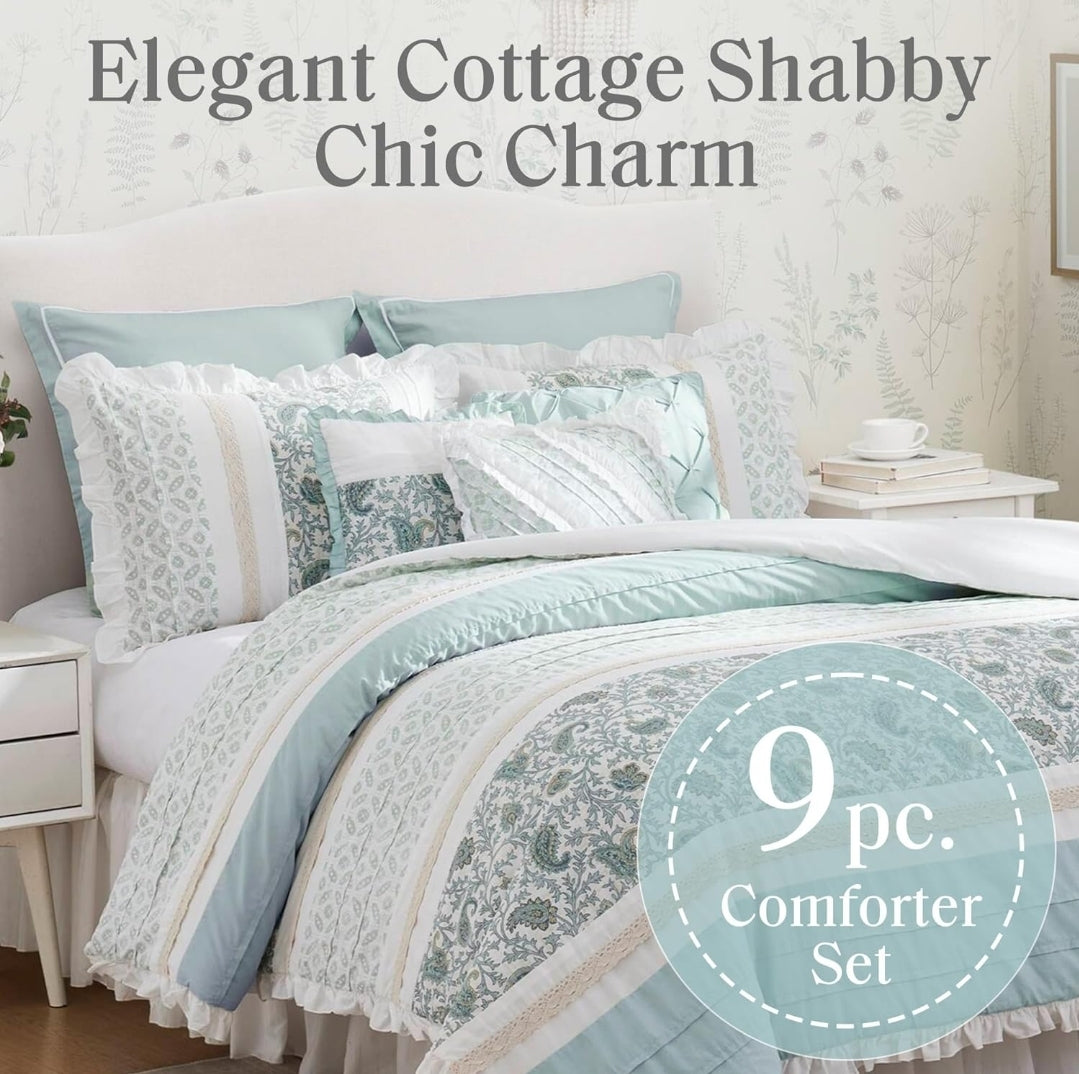 Madison Park Dawn 100% Cotton Comforter Set Queen 90"x90" Shabby Chic, Aqua, 9 Piezas, Queen