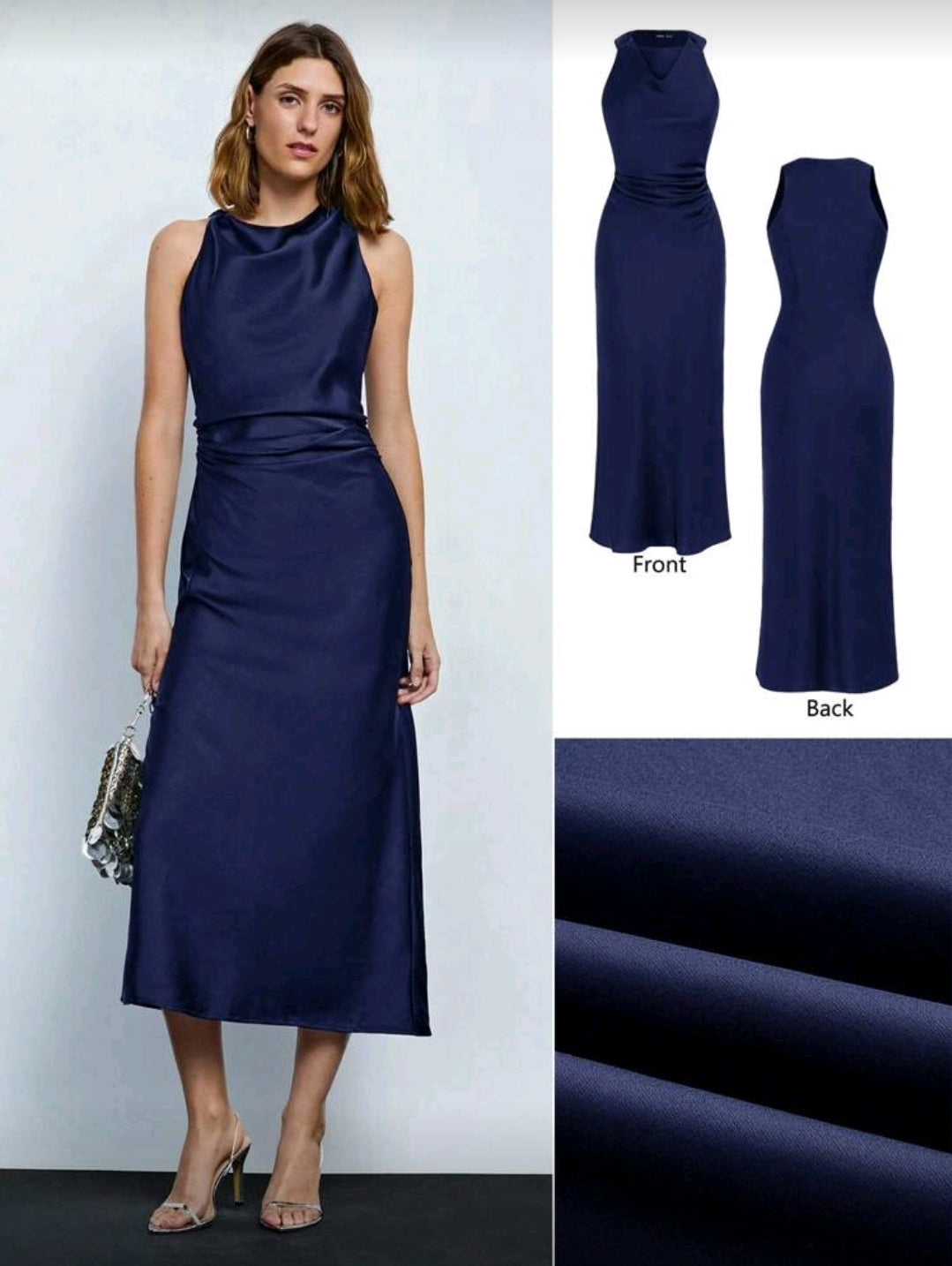 Vestido Azul Elegante Largo con Cuello Fruncido