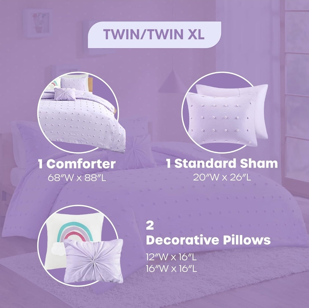 Urban Habitat Kids - Callie Cotton Jacquard Weave Colorful Pom Pom Kids Comforter sets, Down Alternative Shabby Chic, Lila, 4 Piezas, Twin