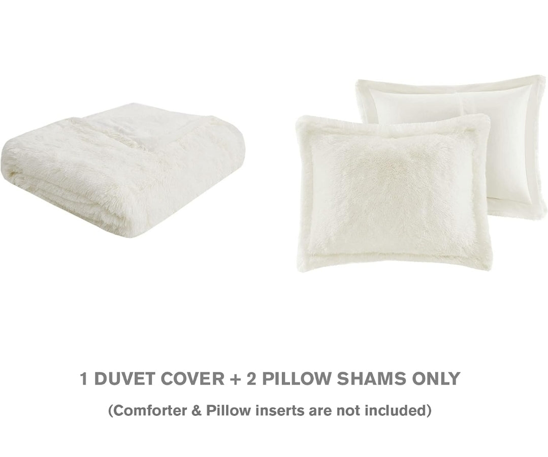 Intelligent Design Malea Shaggy Duvet with Quilted Box Design, Long Faux Fur Comforter Cover Cozy Bedding Set, Matching Shams 90"x90", Blanco, 3 Piezas, Queen