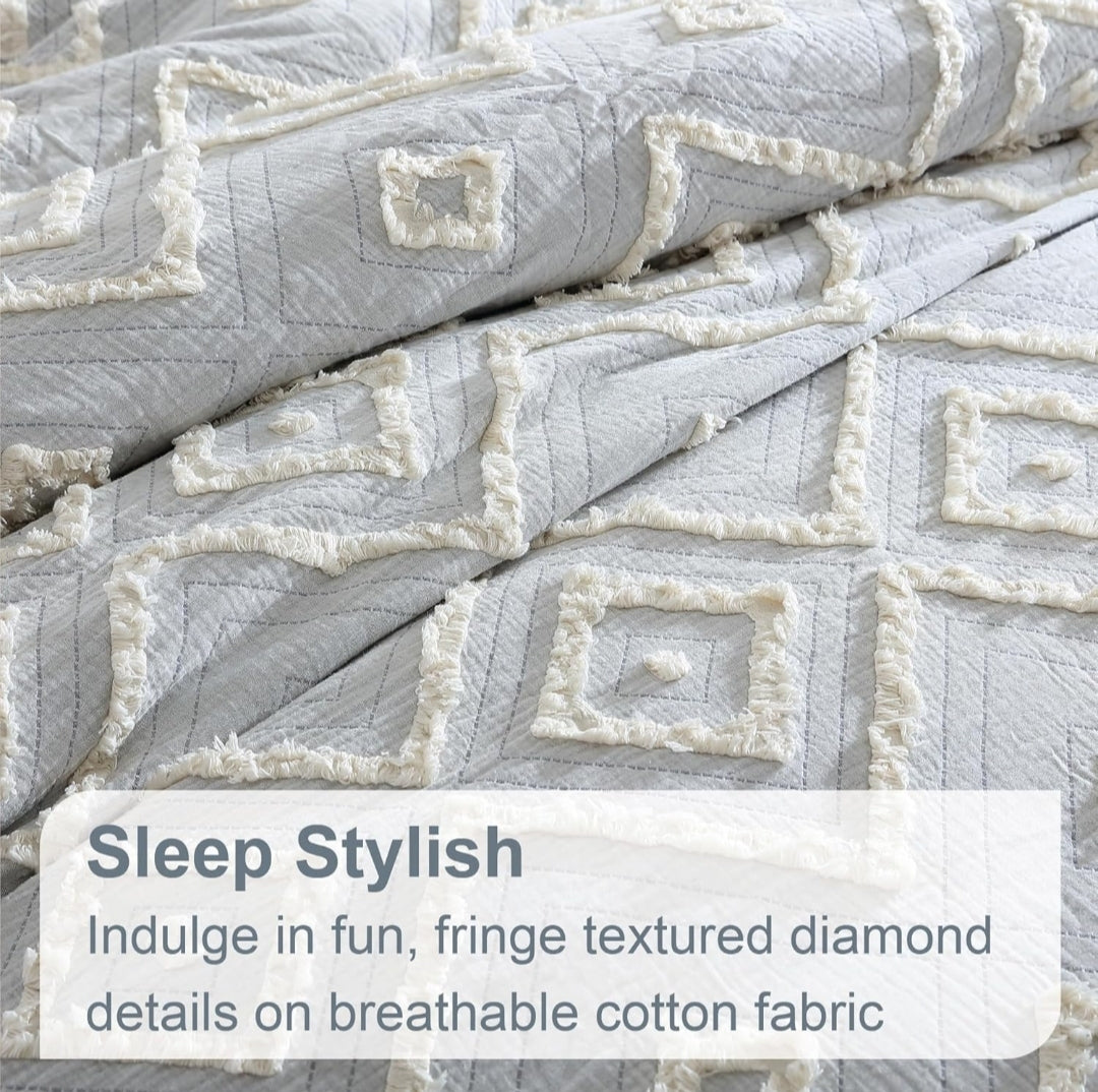 Swift Home Rukai 100% Cotton Washed Clip Jacquard Gauze 5-Piece Bedding Comforter Set, All Season & Breathable, Oeko-TEX Certified – Gris, 5 Piezas, Queen. Tono gris suave.