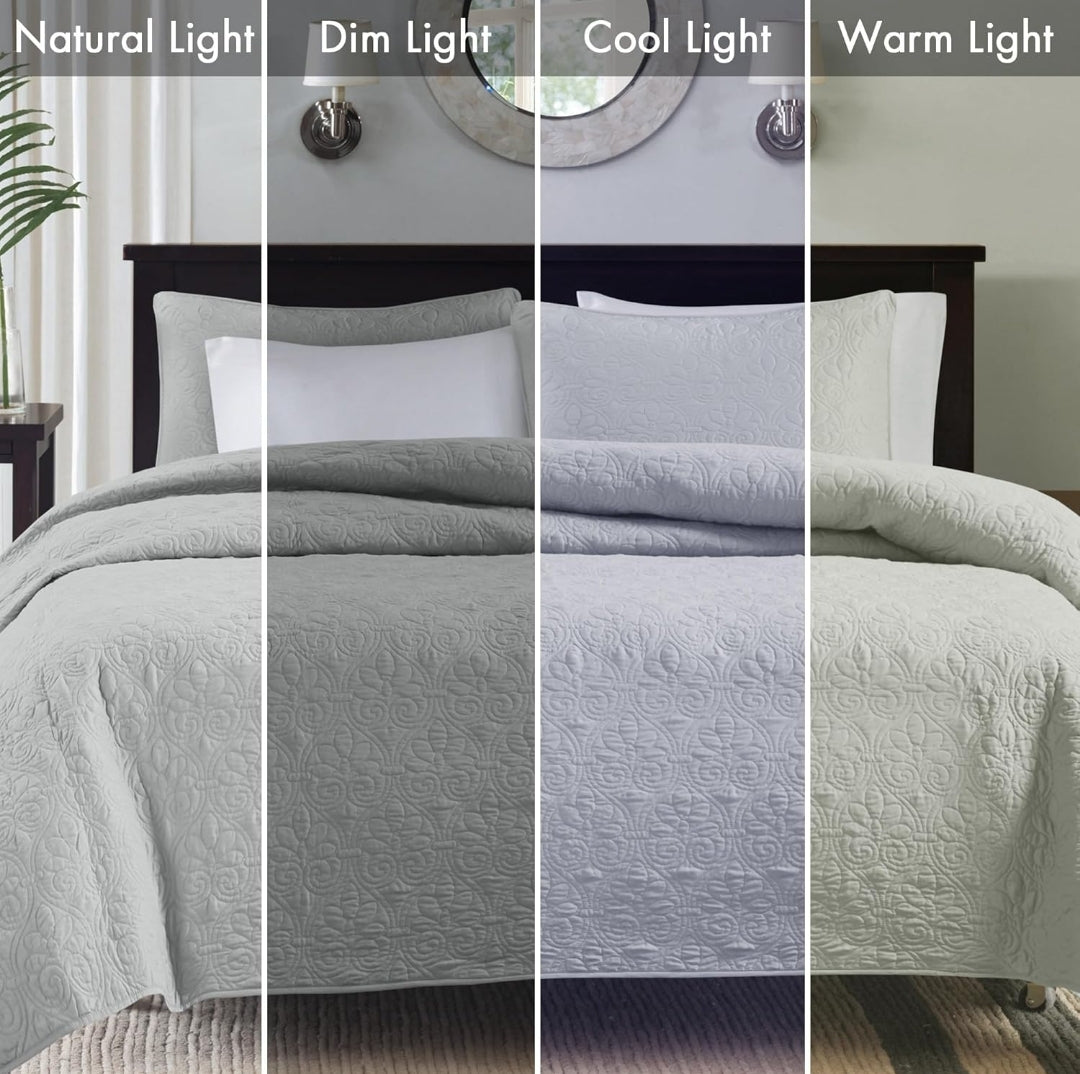 Madison Park Quebec Quilt Set - Luxurious Damask Stitching Design, Cotton Filled Lightweight Coverlet Bedspread Bedding, Shams, 3 Piezas, Gris, Full/Queen