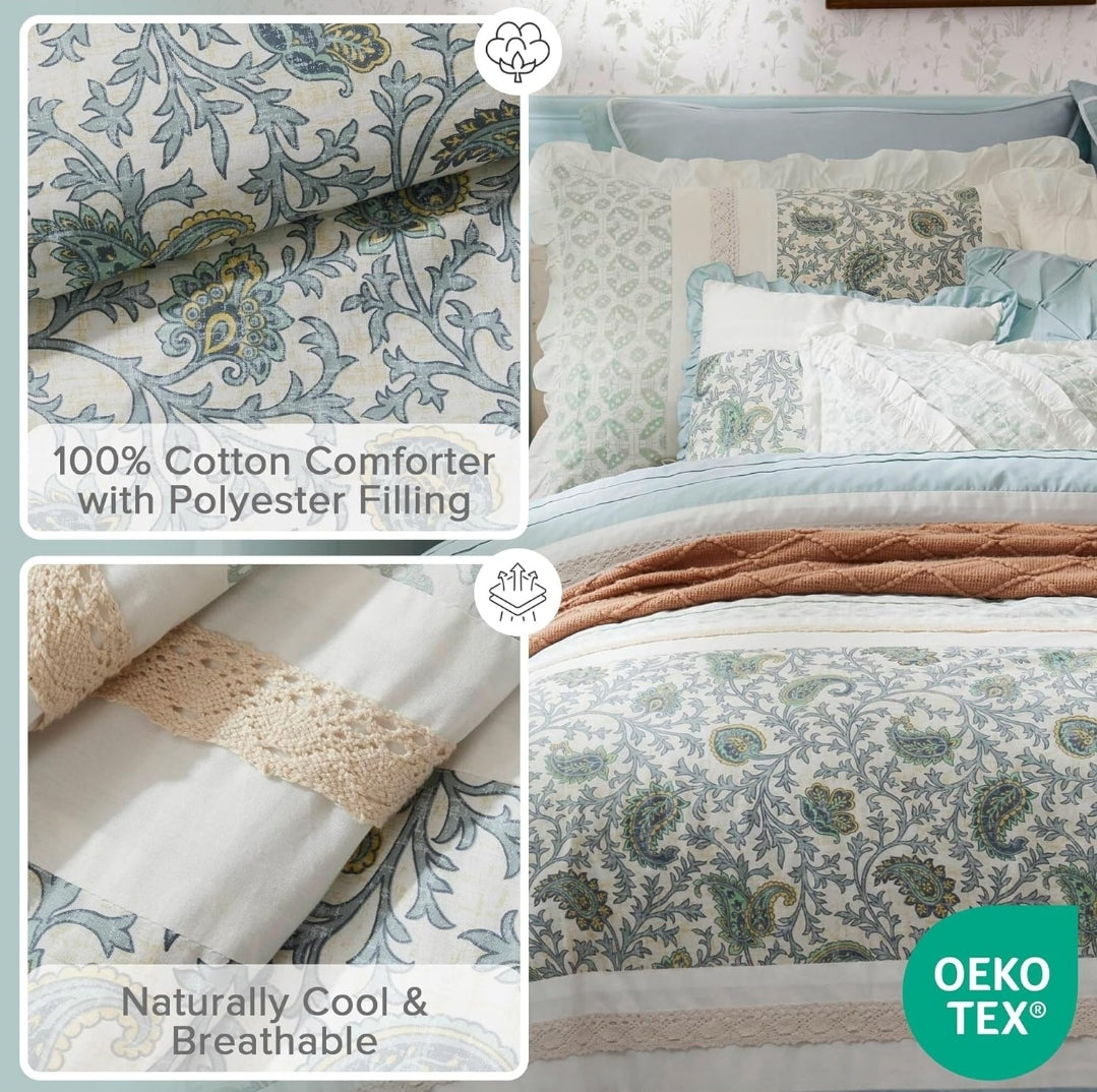 Madison Park Dawn 100% Cotton Comforter Set Queen 90"x90" Shabby Chic, Aqua, 9 Piezas, Queen