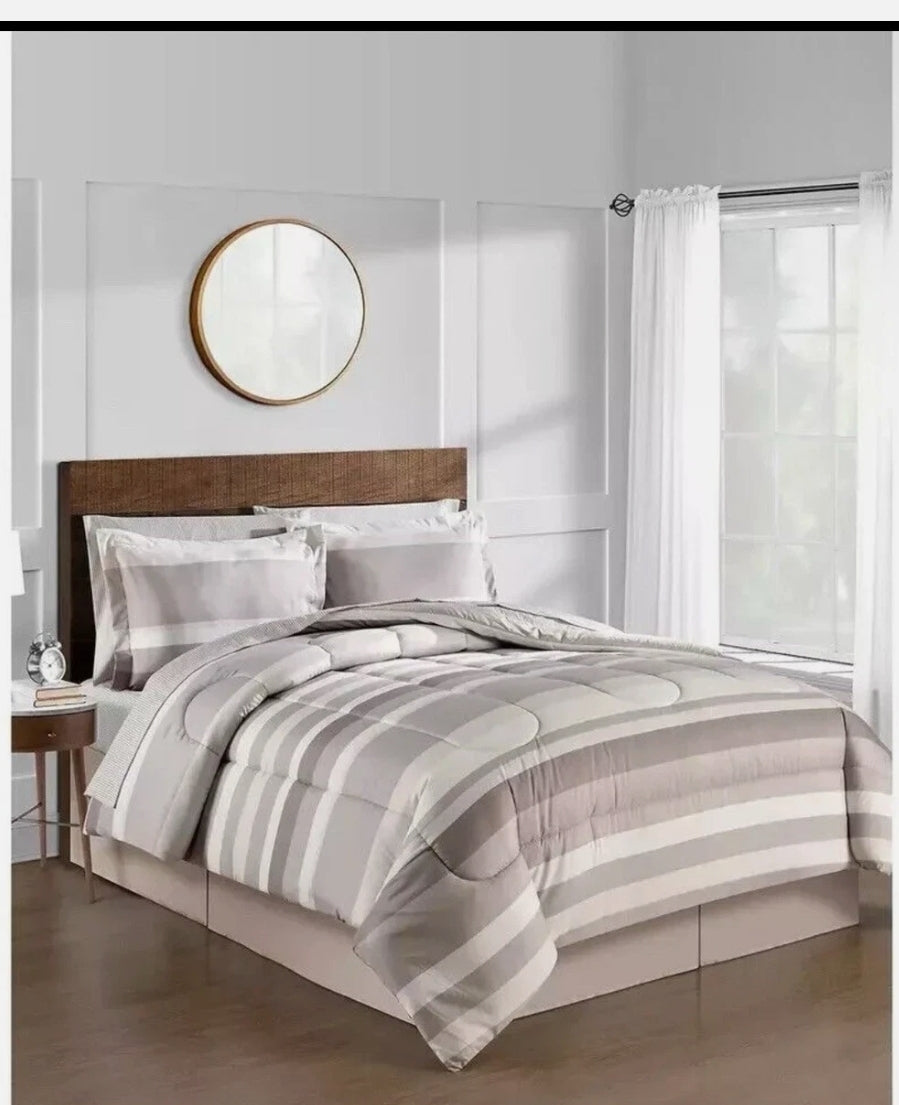 Lanwood Home Austin Striped Comforter Set, Café, 8 Piezas, Queen