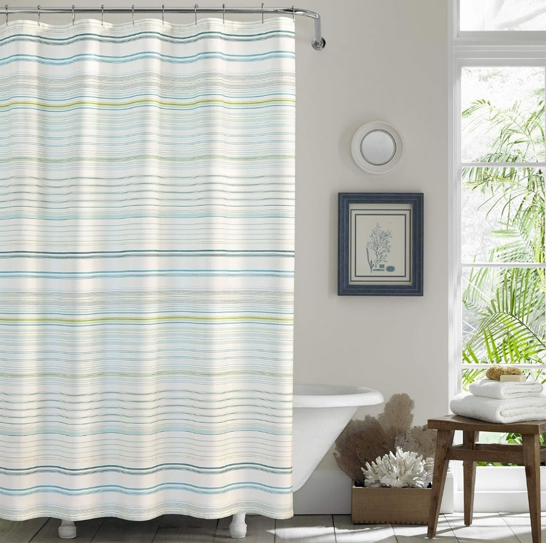 Tommy Bahama - Fabric Shower Curtain, Stylish Striped Bathroom Decor, Hook Holes Top (La Scala Breezer Green, 72" x 72"), 1 Cortina de Baño