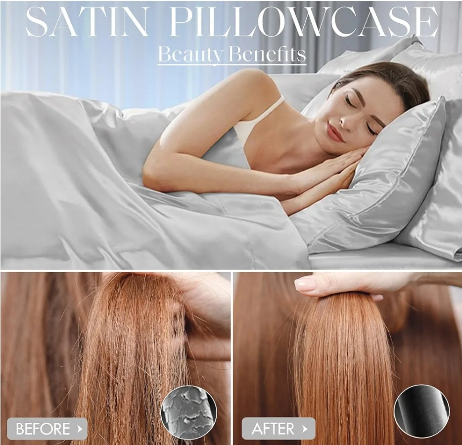 Madison Park Essentials Set of 2 Satin Pillowcase for Hair & Skin, Luxuriously Soft, Silky with Natural Sheen Luster, Cool to Touch, Wrinkle-Free, Machine Washable, Standard,Juego de 2 Fundas para Almohadas, Gris