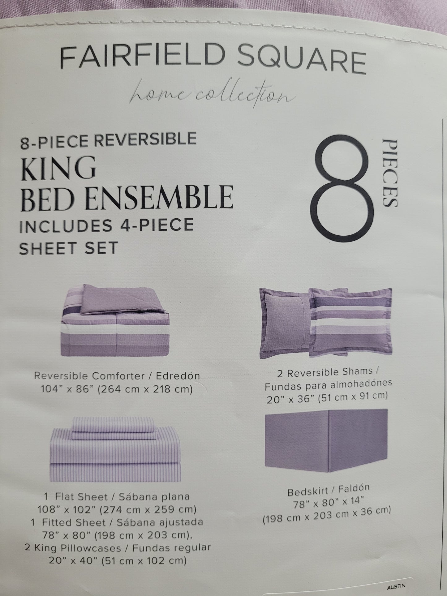 Fairfield Square Home Collection- Austin Stripe Solid Reversible Comforter Set, 8 Piezas, Lavanda, King