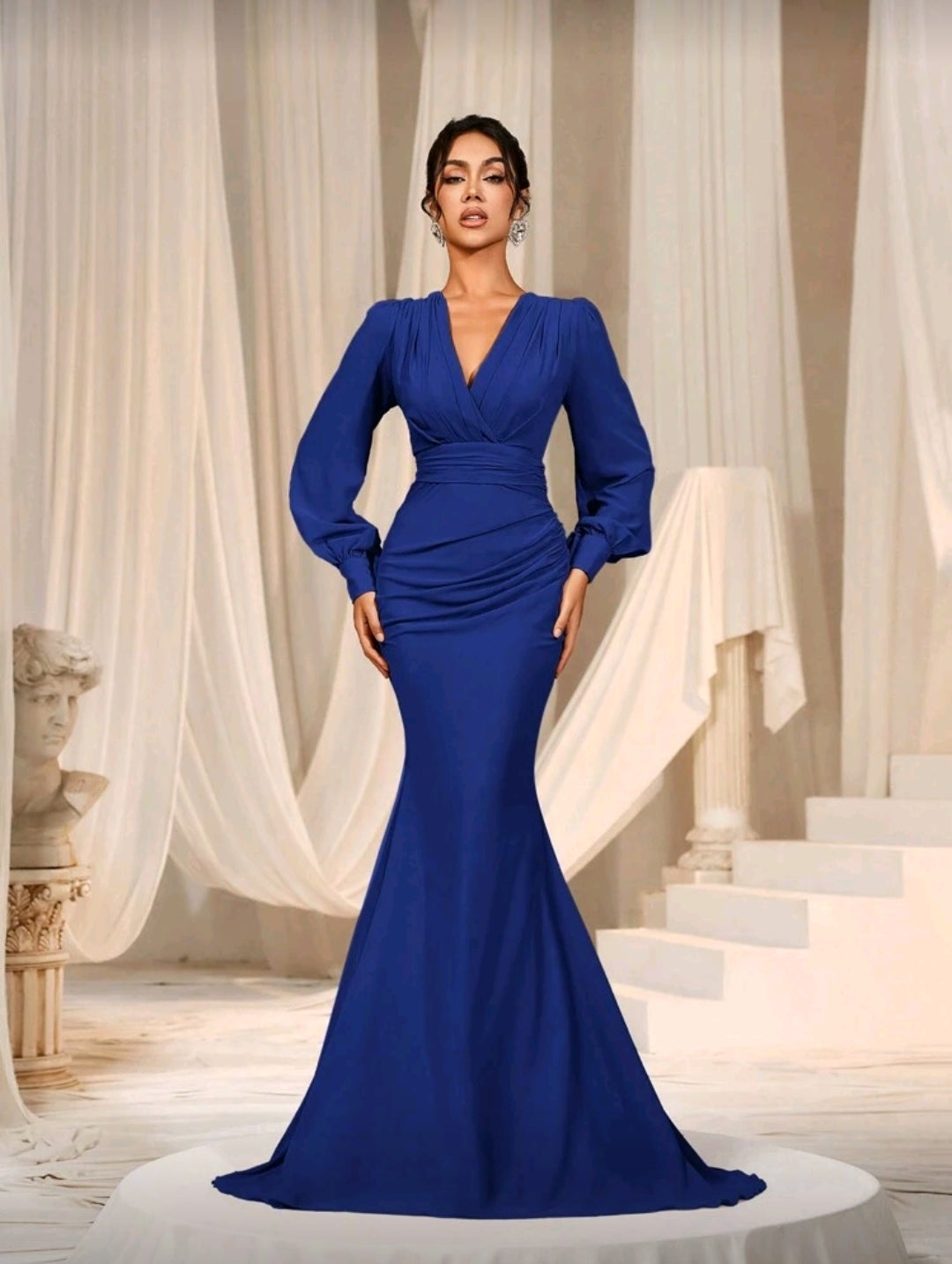 Vestido Azul de Mangas con Escote Cruzado en V