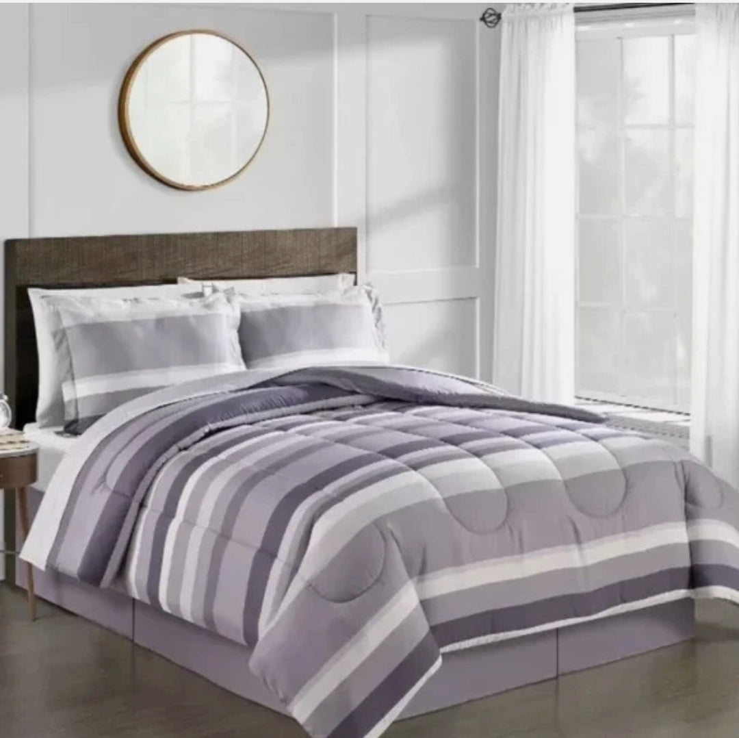 Fairfield Square Home Collection- Austin Stripe Solid Reversible Comforter Set, 8 Piezas, Lavanda, King