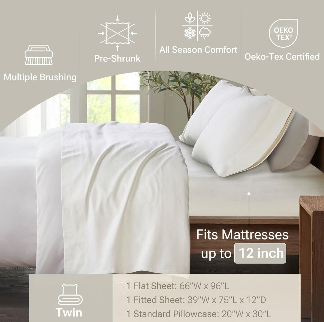 True North by Sleep Philosophy 100% Cotton Sheet Twin Ivory Solid 3 Piezas, Blanco, Twin