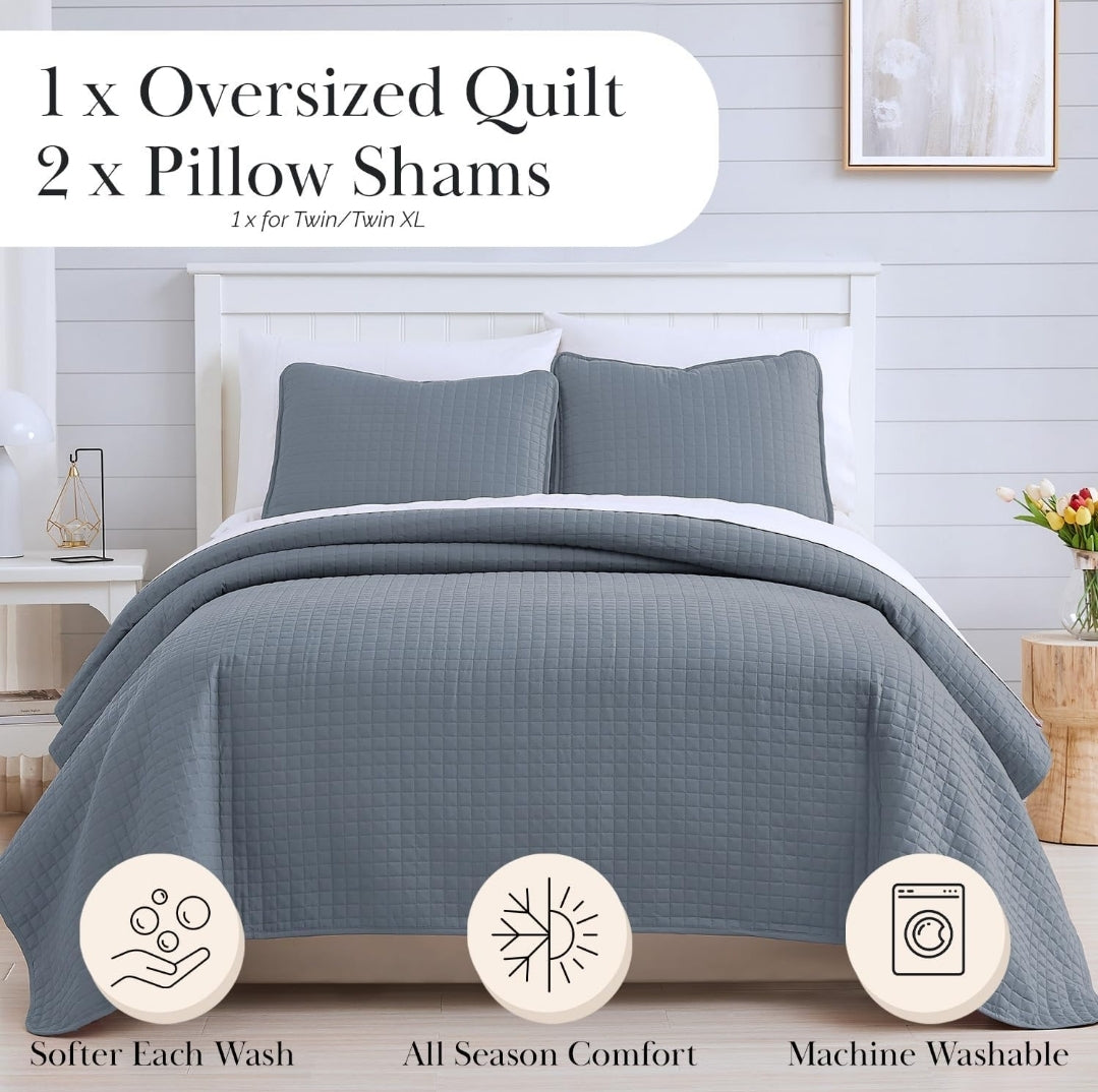 Southshore- Fine Linens, Inc. Oversized Quilt Set Soft Microfiber, 3 Piezas, Gris Oscuro, Queen