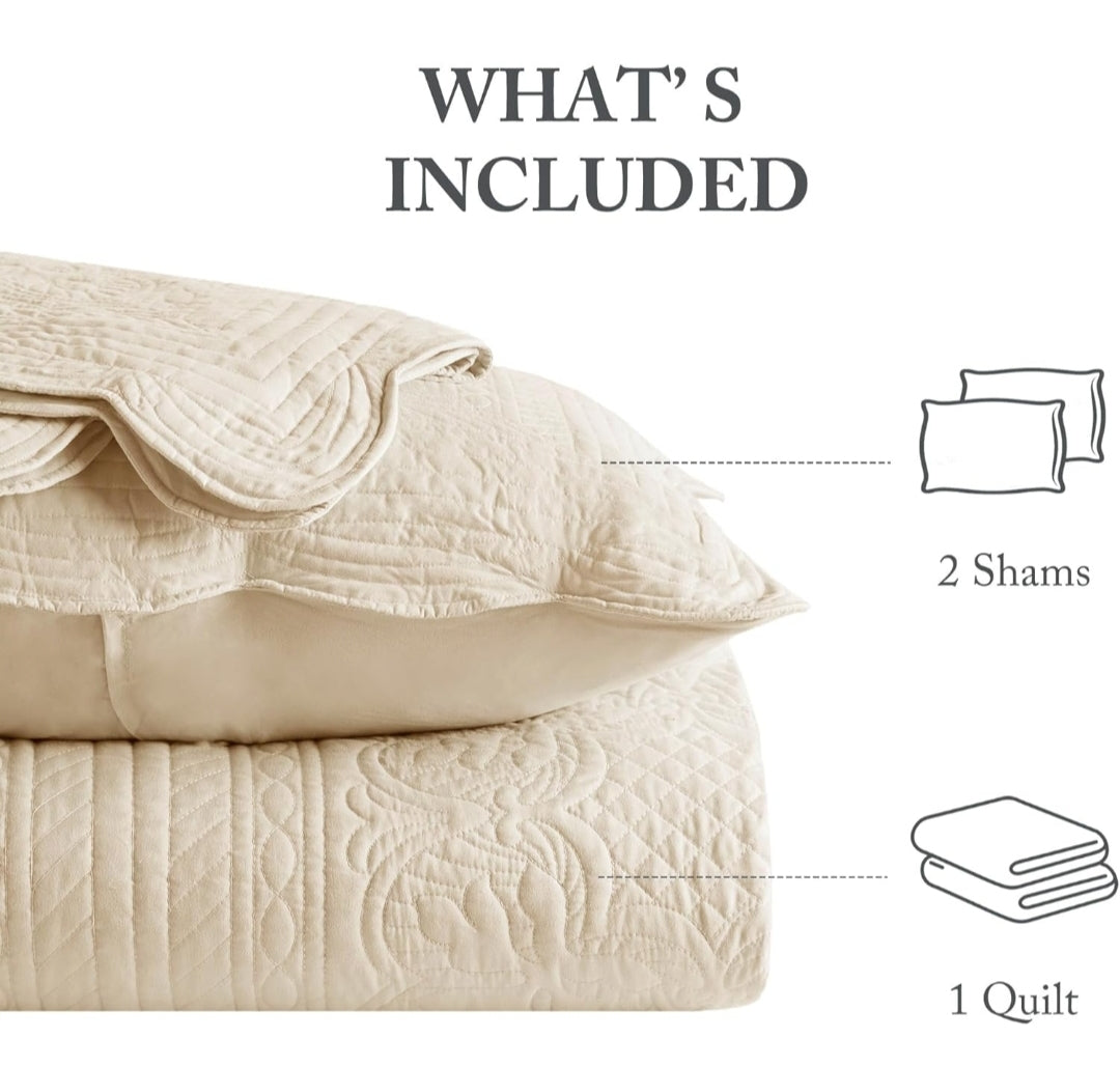 Madison Park Tuscany Quilt Set Damask King/Cal King 108"x96" Medallion Cream, 3 Piezas, King