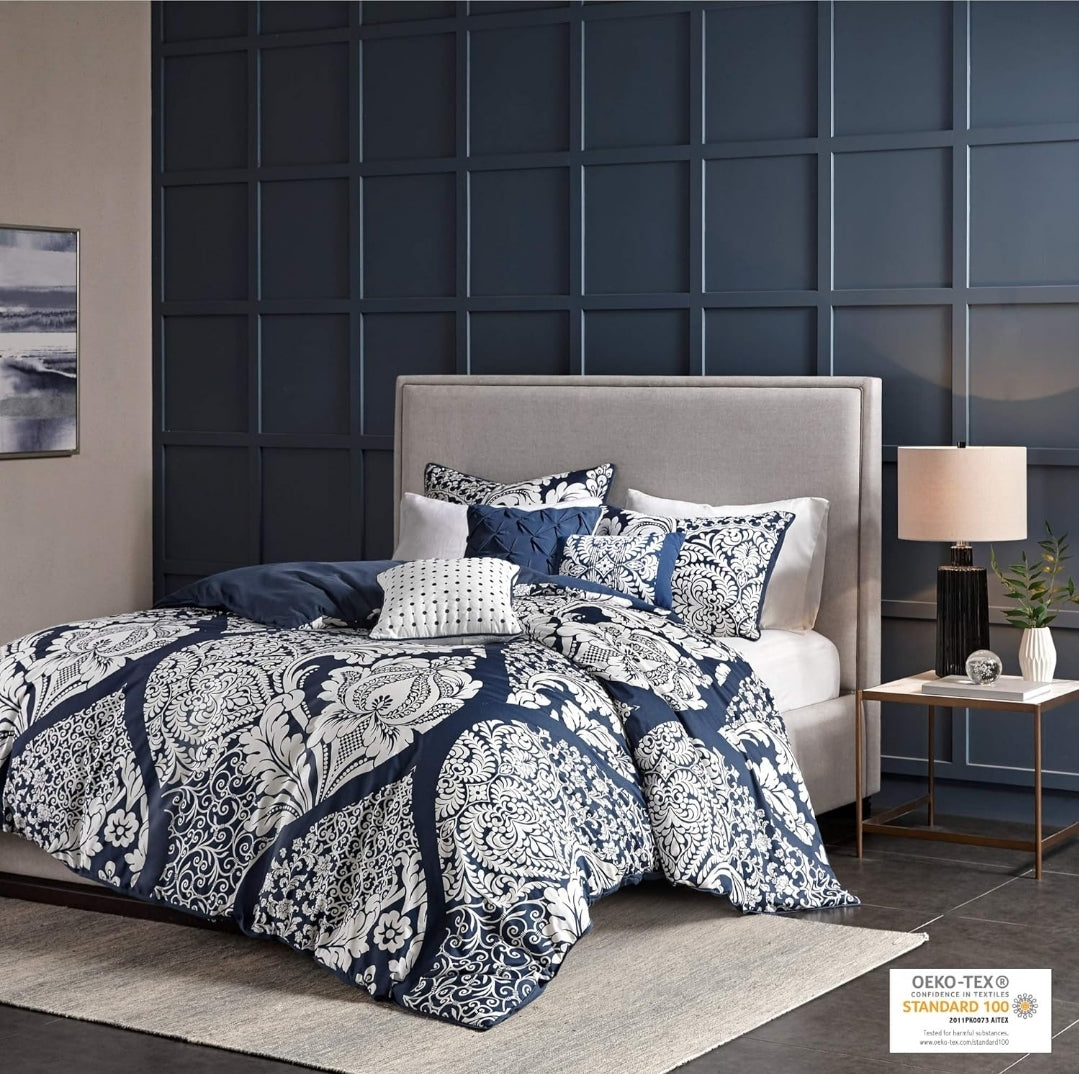 Madison Park Vienna Cotton Poly Blend Duvet Cover Set - 6 piezas, King, Azul