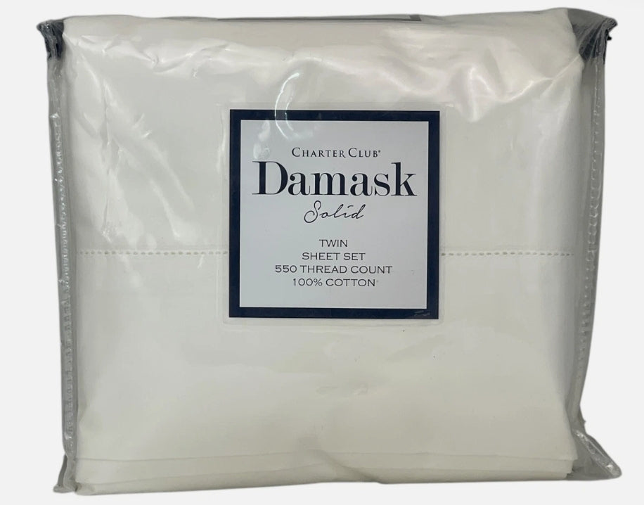 Charter Club Damask Solid 3 Piezas Set 550 TC Supima Cotton IVORY, Blanco, Twin