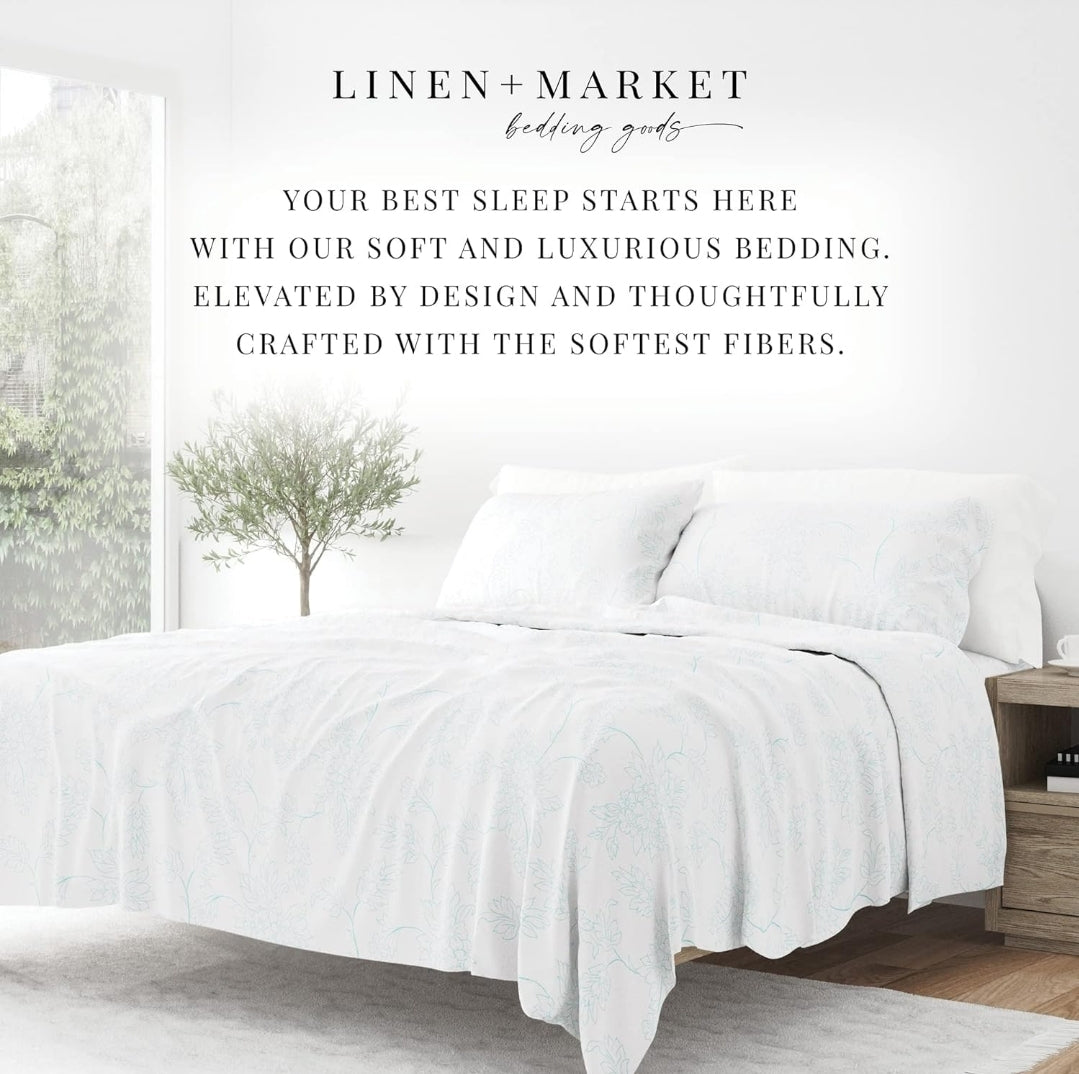 Ienjoy Linen Market Bedding Sheet Set, 4 Piezas, Blanco con Lineas Verdes, Queen