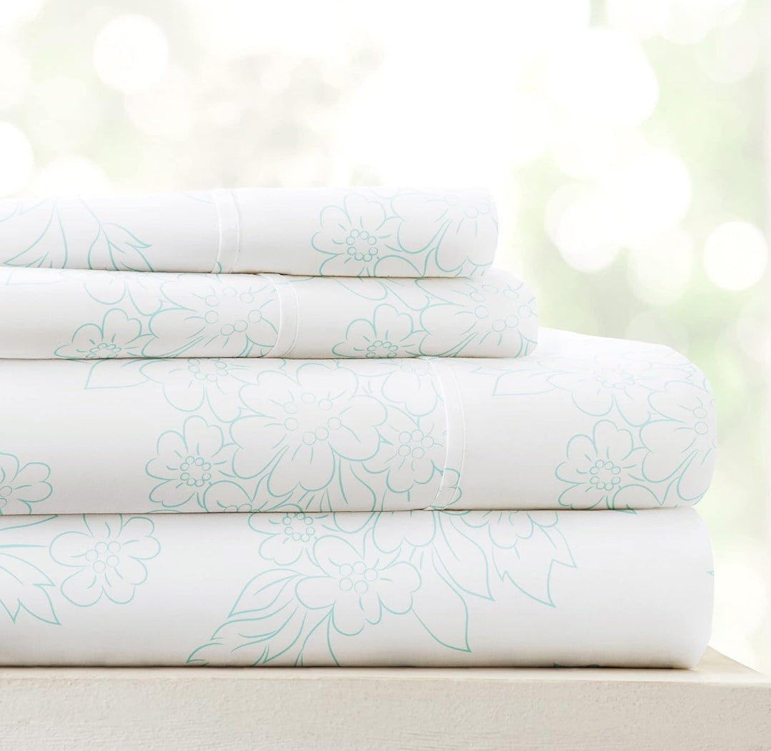 Ienjoy Linen Market Bedding Sheet Set, 4 Piezas, Blanco con Lineas Verdes, Queen