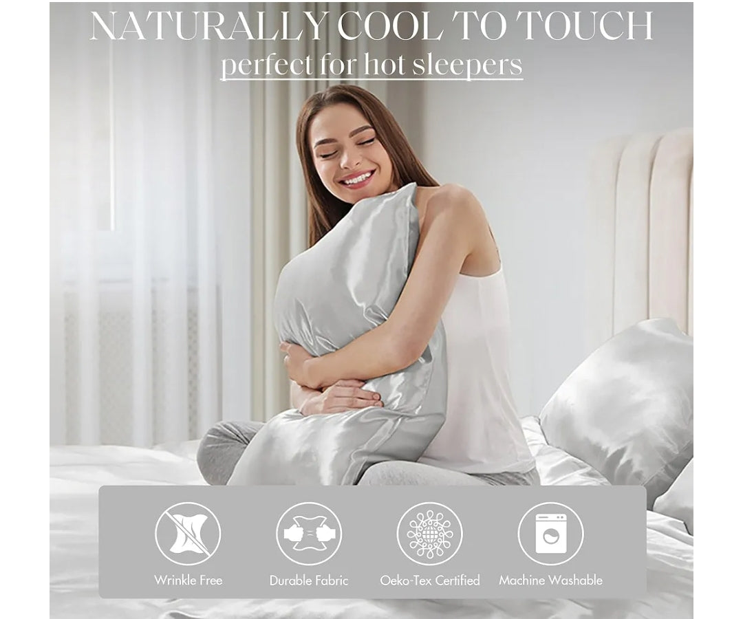 Madison Park Essentials Set of 2 Satin Pillowcase for Hair & Skin, Luxuriously Soft, Silky with Natural Sheen Luster, Cool to Touch, Wrinkle-Free, Machine Washable, Standard,Juego de 2 Fundas para Almohadas, Gris