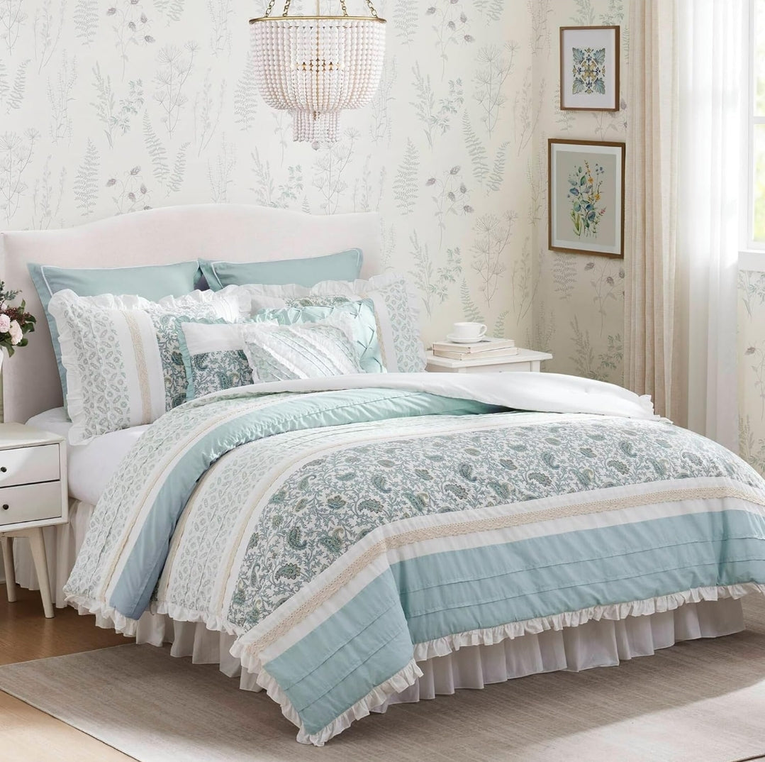 Madison Park Dawn 100% Cotton Comforter Set Queen 90"x90" Shabby Chic, Aqua, 9 Piezas, Queen
