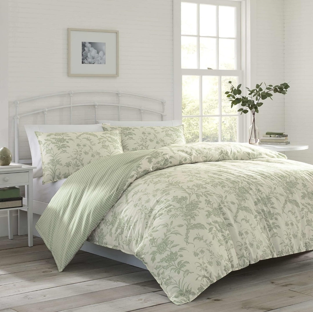 Laura Ashley Home Natalie Sage Cotton Duvet Cover Set 3 Piezas, Verde, King