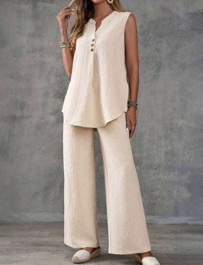 Conjunto beige: camisa y pantalón pierna ancha