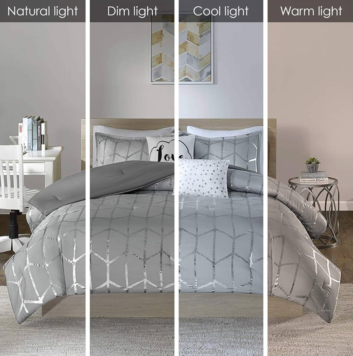 Intelligent Design Raina Geometric Style Duvet Set Full/Queen. Gris/Plateado. 5 Piezas.