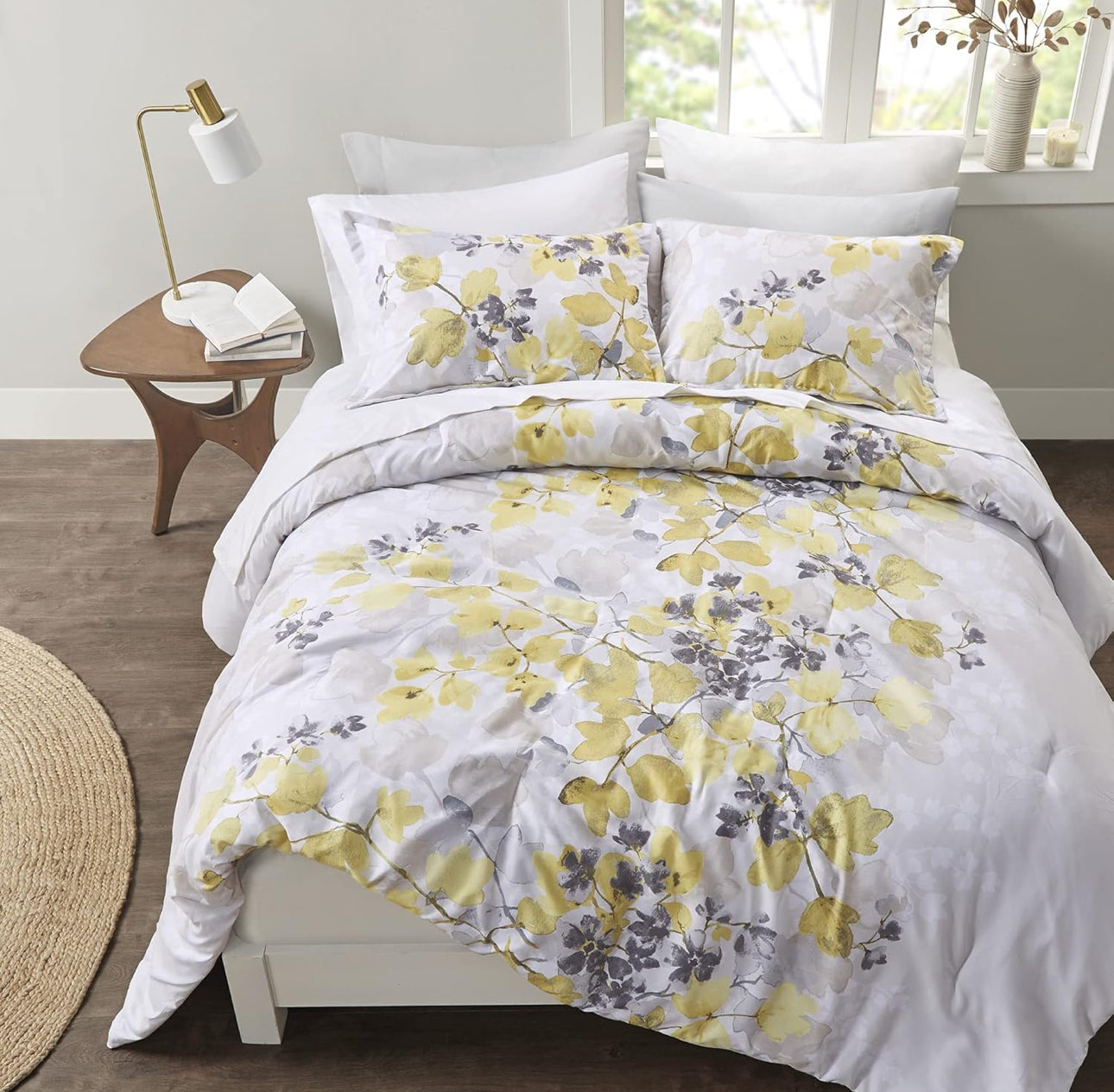 Madison Park Bed in A Bag-Trendy Casual Design Cozy Comforter, 2 shams, 1 Fited sheet with pockets, 1 flat sheet and 4 pilowcases King, Leaf Yellow 9 Piece