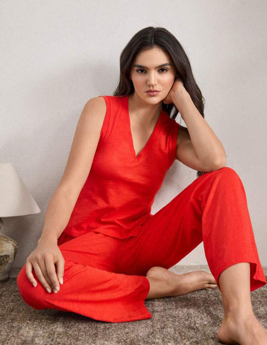 Conjunto de pijama roja suelta, suave y cómoda de algodón