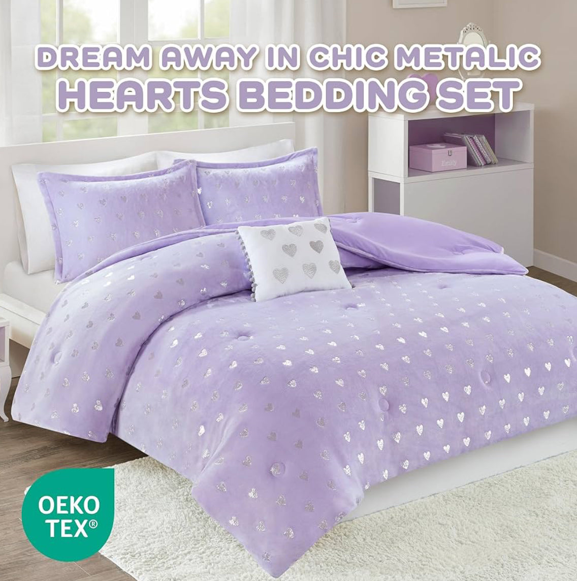 Mi Zone Rosalie Comforter, Ultra-Soft Microlight Plush Metallic Printed Hearts. Reverse Overfilled Down Alternative Hypoallergenic Full/Queen, Purple/Silver, 4 pieces - 1 comforter, 2 shams and 1 dec pillow