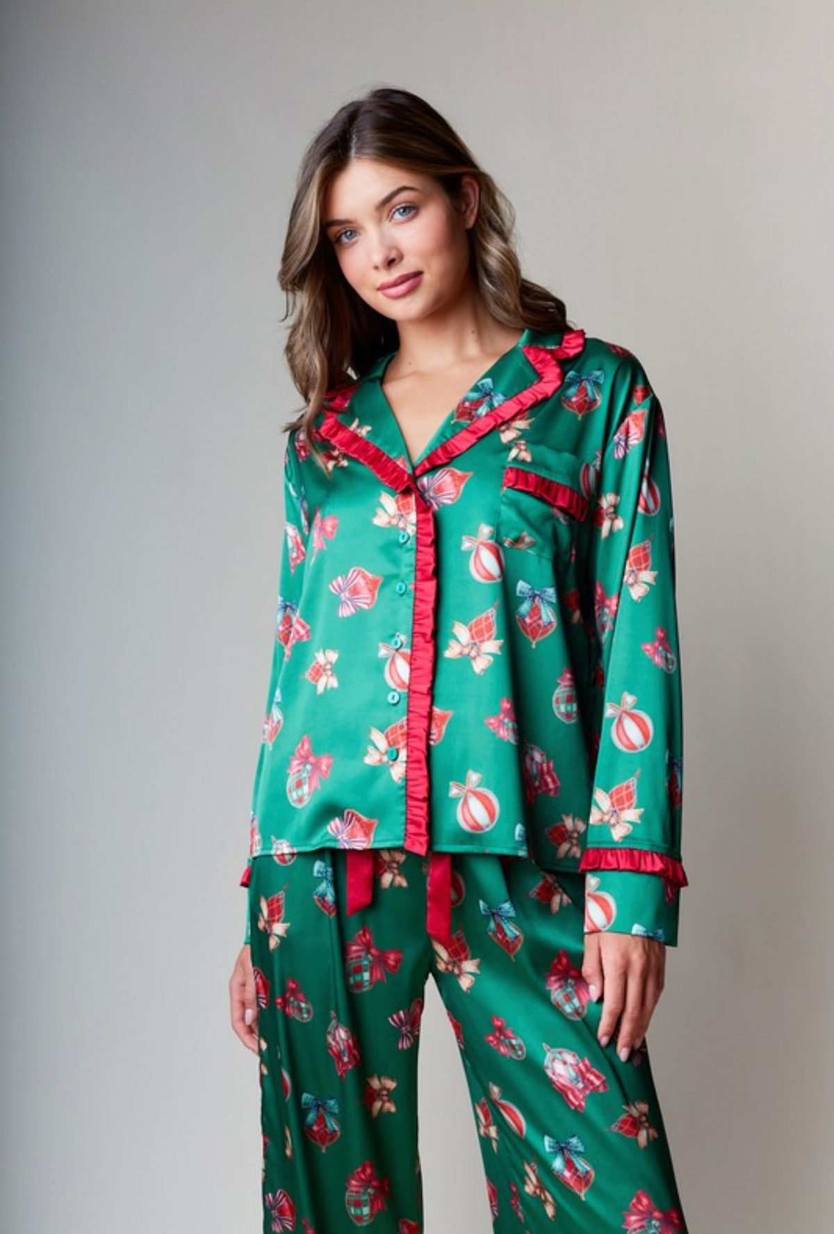 Set de pijama de satin Navidad verde y rojo