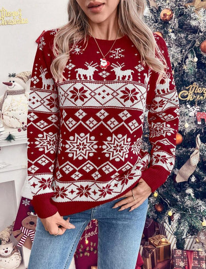 Suéter de Navidad rojo y blanco (renos y copos de nieve)