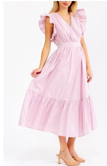 Vestido rosado maxi mangas de vuelo V-Neck