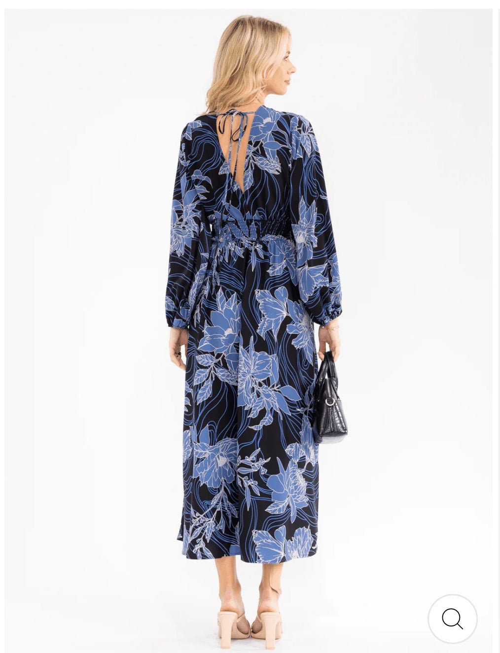 Vestido azul maxi para mujer de manga larga con escote en V, cintura smock y estampado floral..