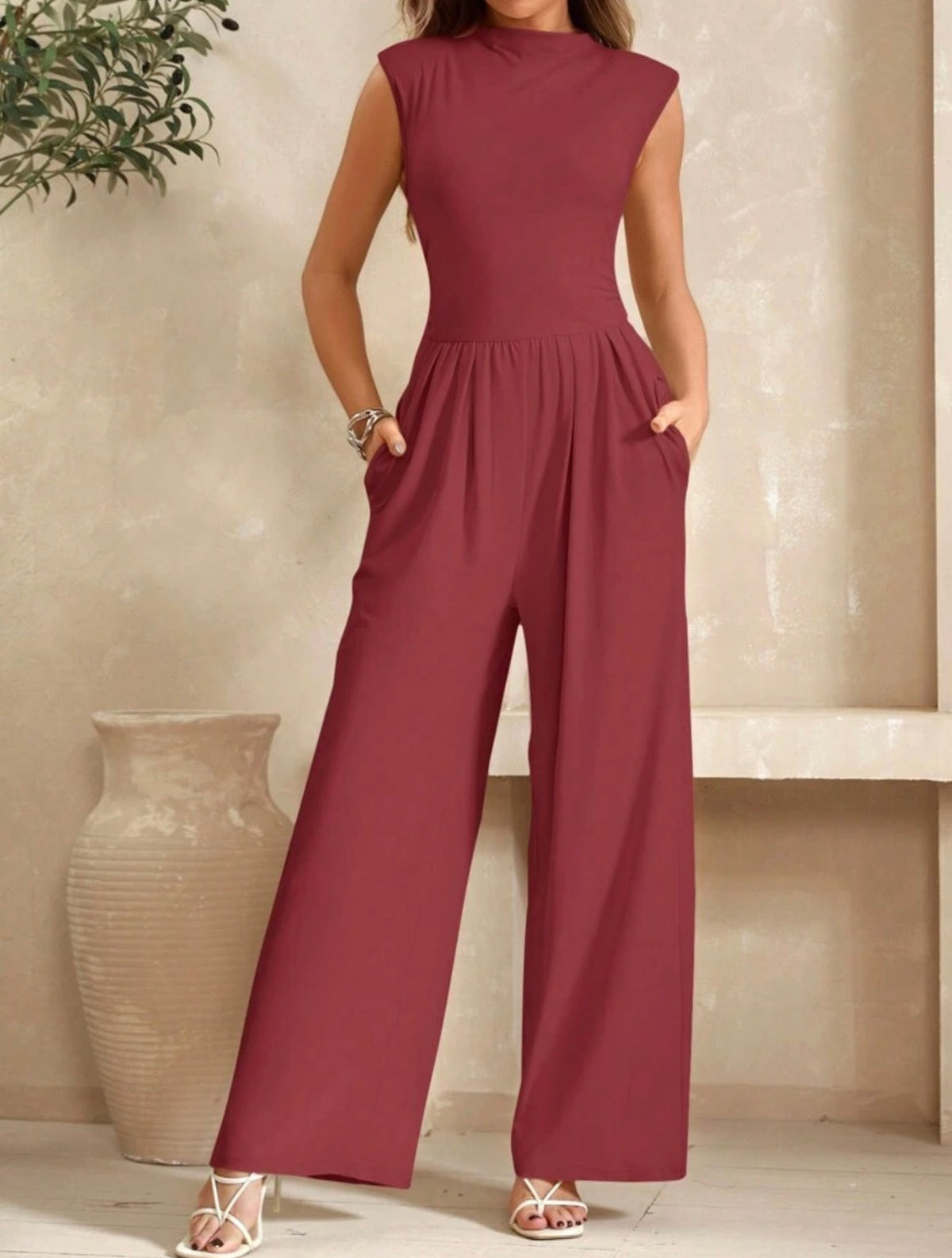 Jumpsuit terracota stretch con bolsillos