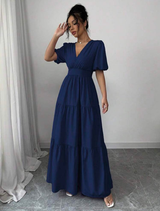 Vestido azul marino largo cuello V