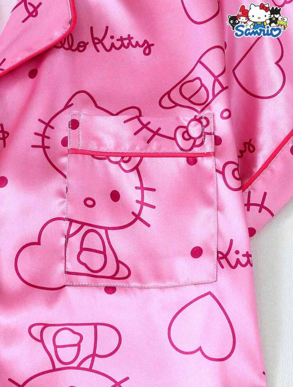 Pijama Hello Kitty rosada satinada 3 piezas