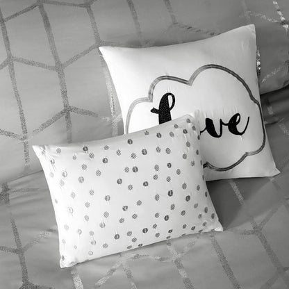 Intelligent Design Raina Geometric Style Duvet Set Full/Queen. Gris/Plateado. 5 Piezas.