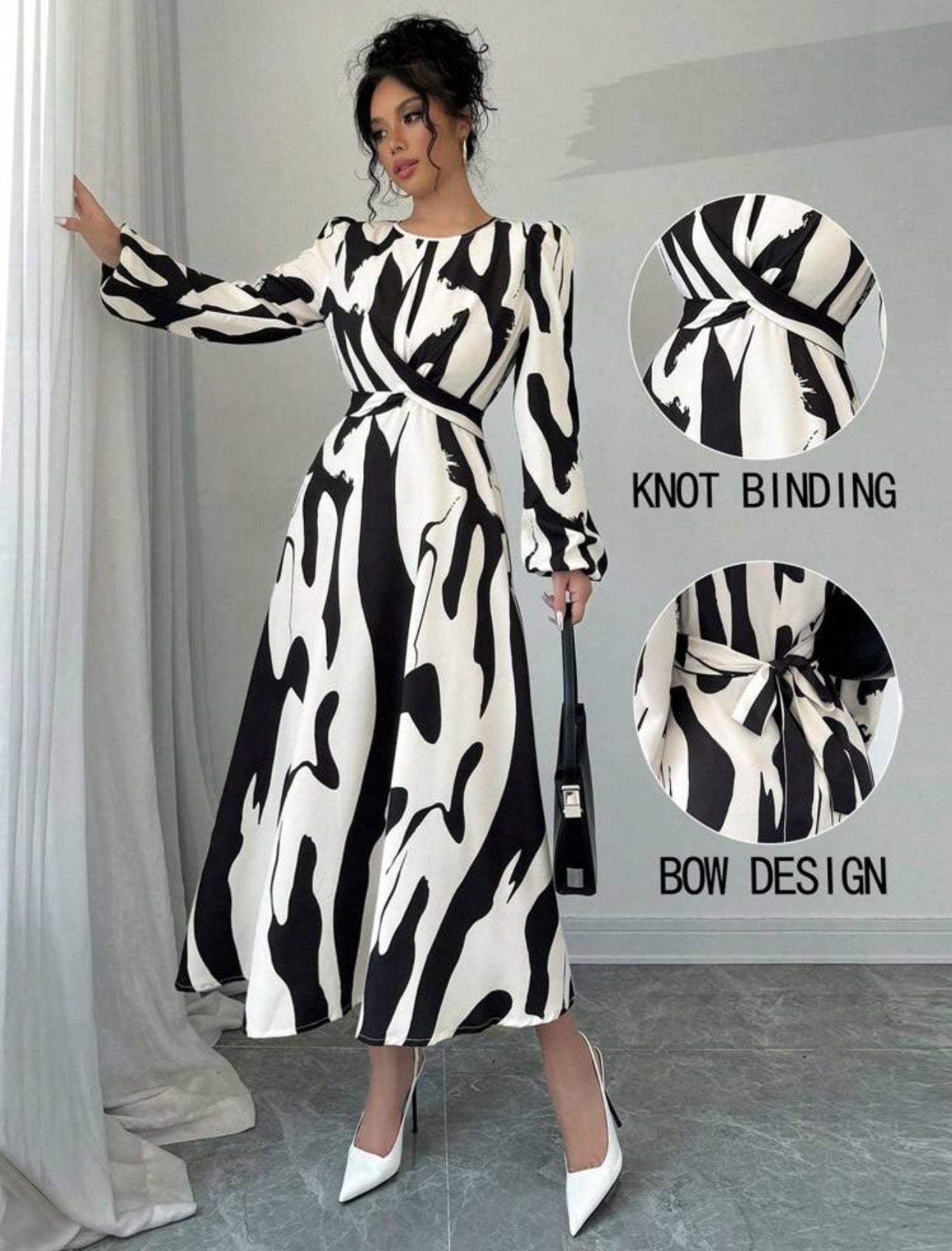Vestido beige con estampado negro cruzado