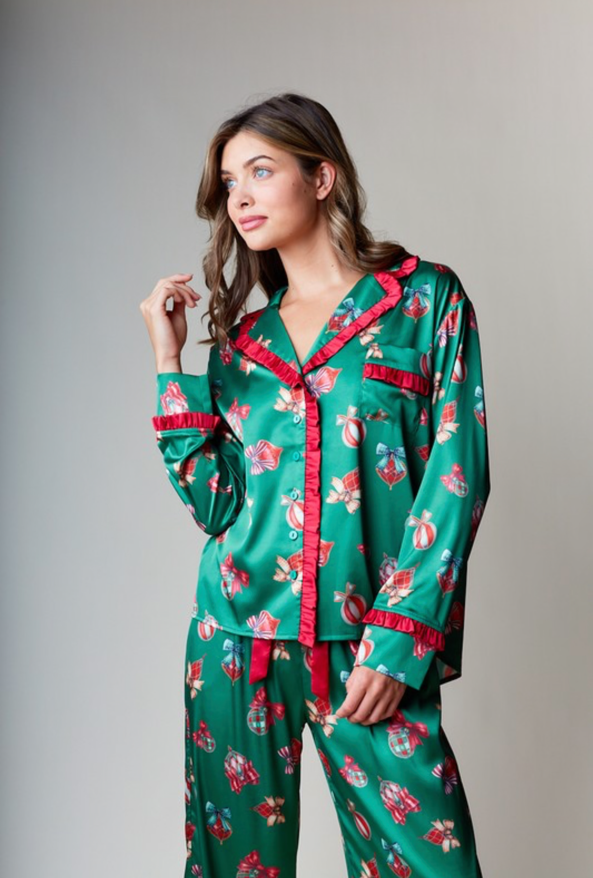 Set de pijama de satin Navidad verde y rojo