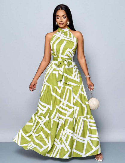 Vestido largo verde con lineas beige