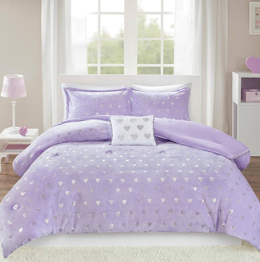 Mi Zone Rosalie Comforter, Ultra-Soft Microlight Plush Metallic Printed Hearts. Reverse Overfilled Down Alternative Hypoallergenic Full/Queen, Purple/Silver, 4 pieces - 1 comforter, 2 shams and 1 dec pillow